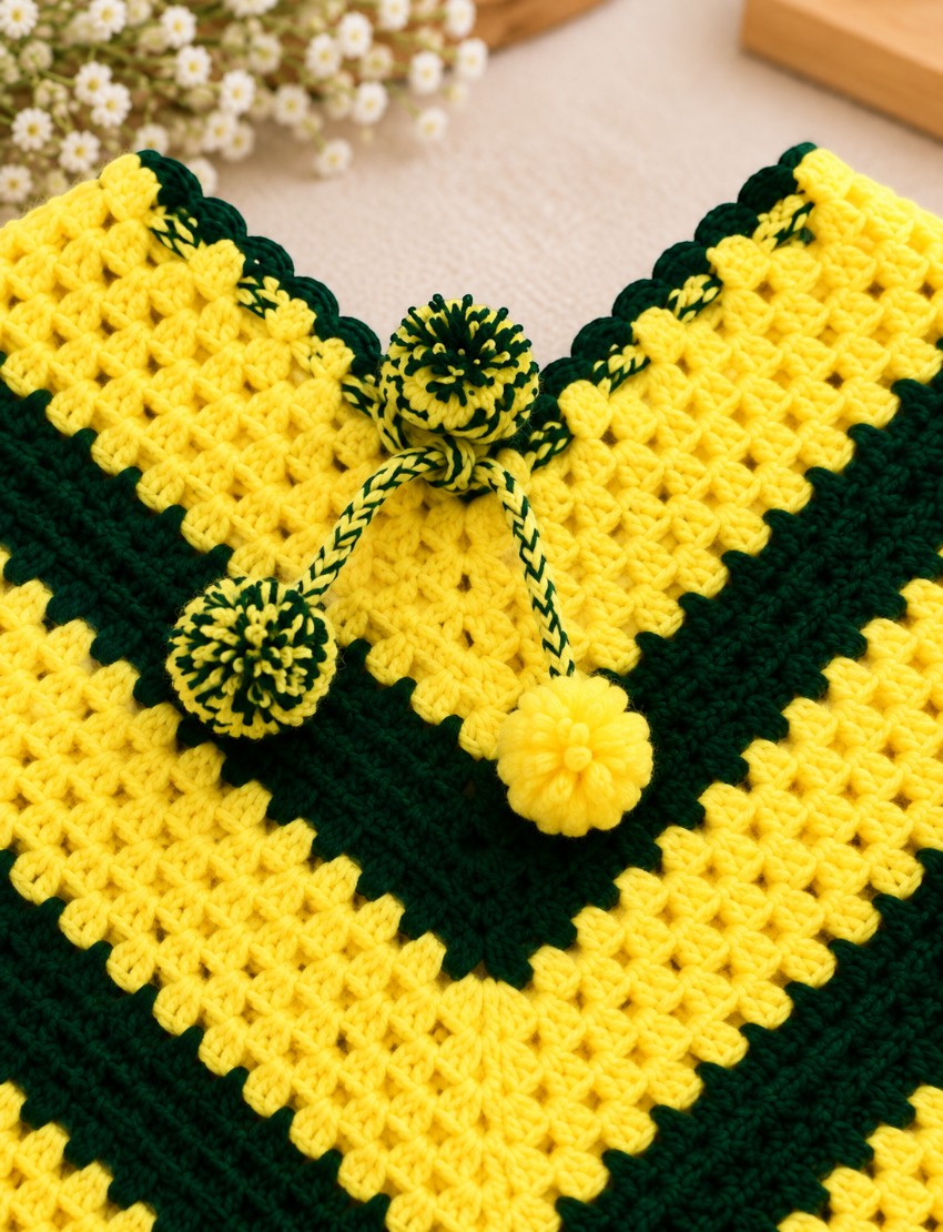 [3-4 Years] Handknitted Woolen Poncho and Cap Set for Kids, Yellow and Green Striped