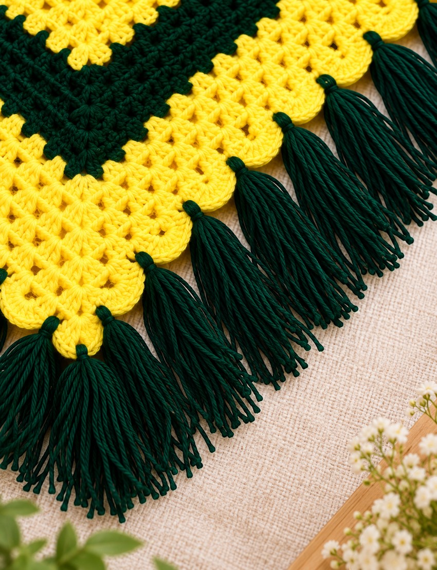 [3-4 Years] Handknitted Woolen Poncho and Cap Set for Kids, Yellow and Green Striped