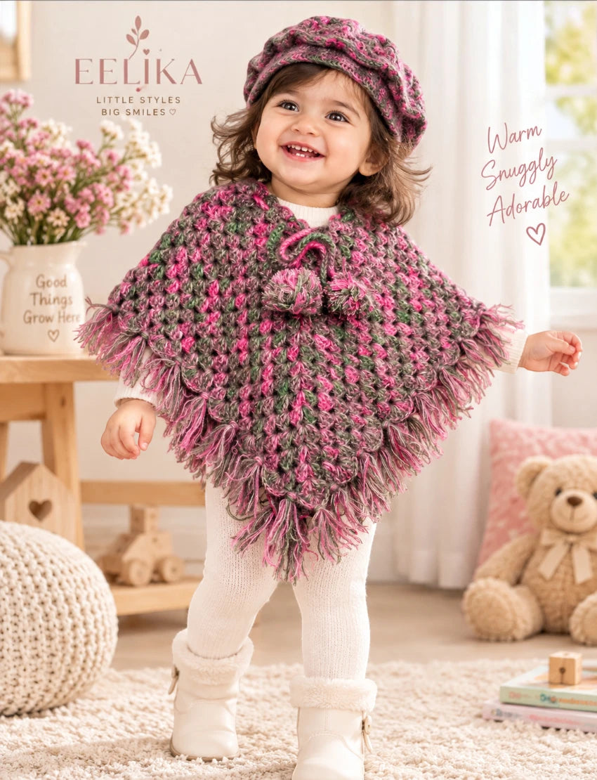 [1-2 Years] Handknitted Kids Woolen Poncho and Cap Set, Pink and Grey
