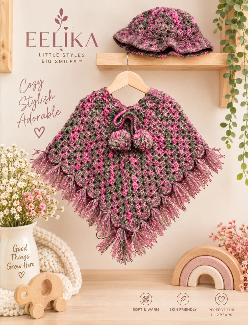 [1-2 Years] Handknitted Kids Woolen Poncho and Cap Set, Pink and Grey
