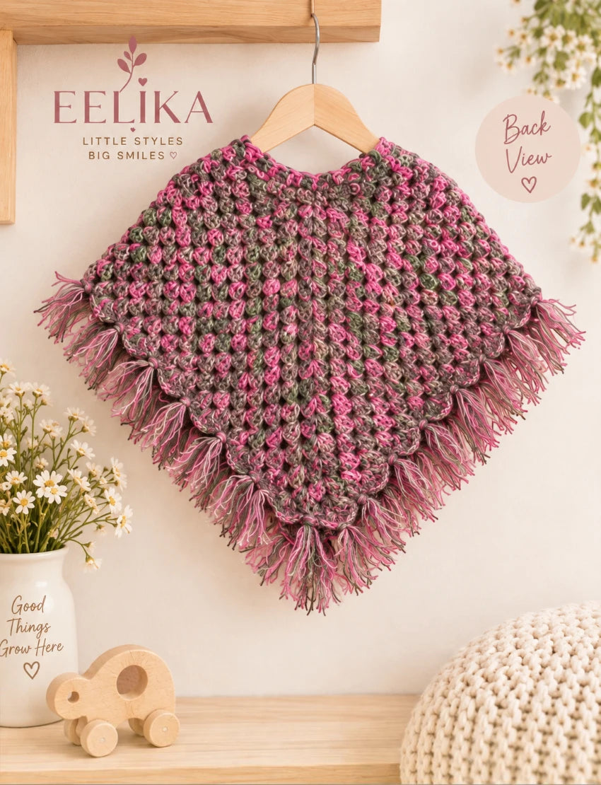[1-2 Years] Handknitted Kids Woolen Poncho and Cap Set, Pink and Grey