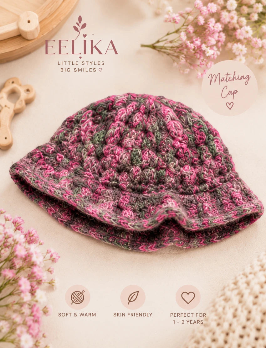[1-2 Years] Handknitted Kids Woolen Poncho and Cap Set, Pink and Grey