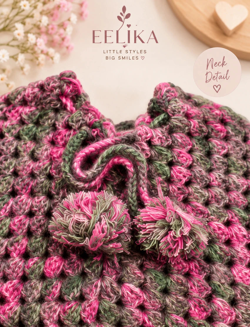 [1-2 Years] Handknitted Kids Woolen Poncho and Cap Set, Pink and Grey