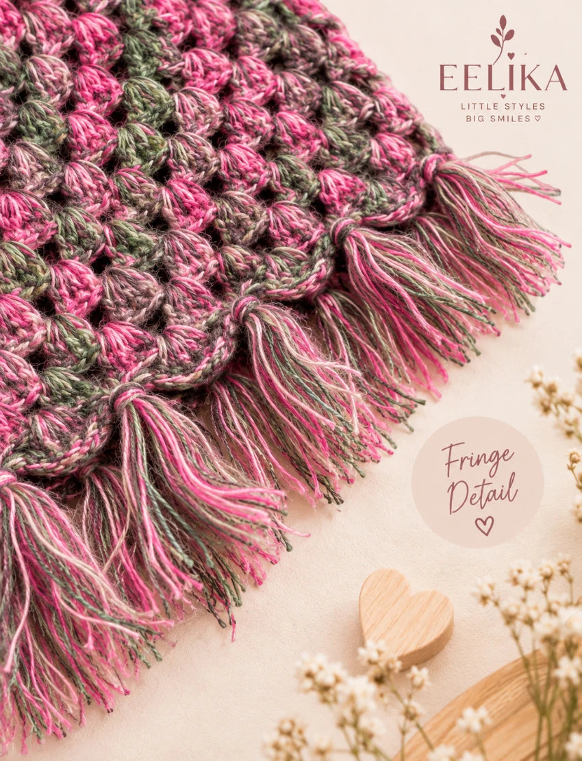 [1-2 Years] Handknitted Kids Woolen Poncho and Cap Set, Pink and Grey