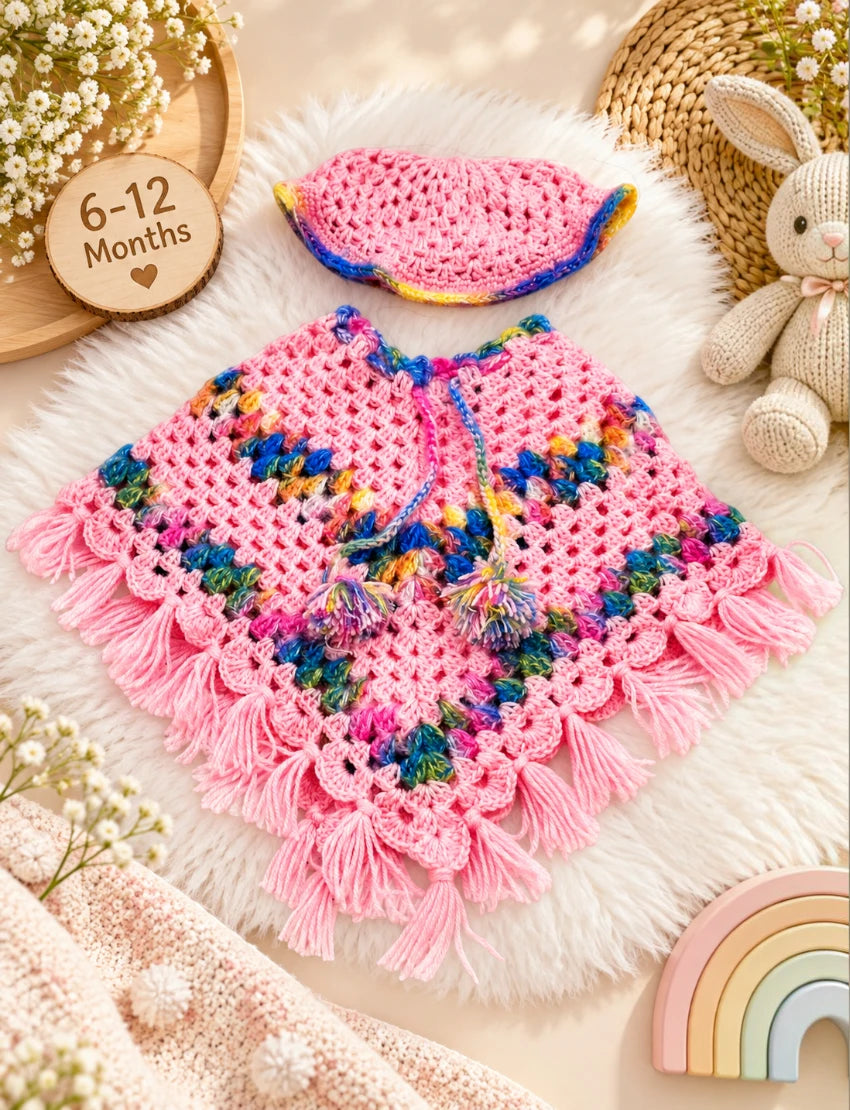 [6 Month - 1 Year] Handknitted Woolen Kids Poncho and Cap Set, Pink with Multicolor Pattern