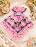 [6 Month - 1 Year] Handknitted Woolen Kids Poncho and Cap Set, Pink with Multicolor Pattern