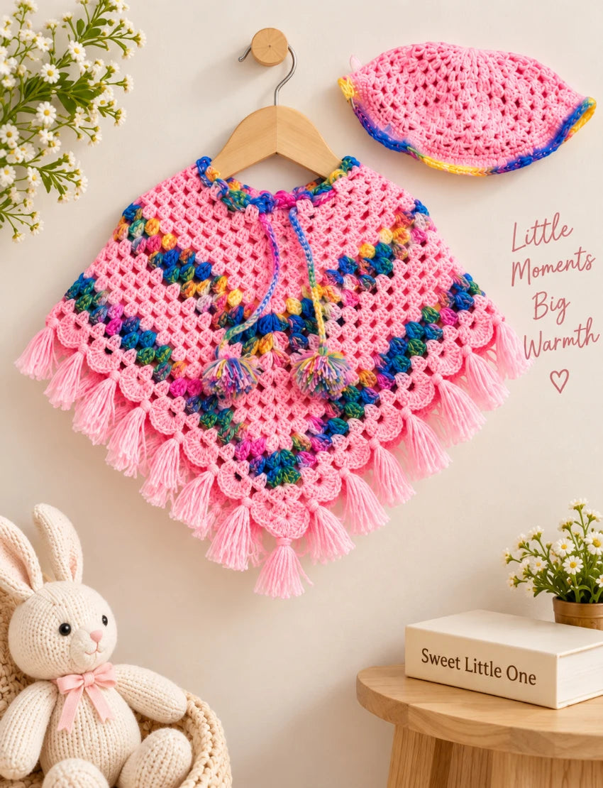 [6 Month - 1 Year] Handknitted Woolen Kids Poncho and Cap Set, Pink with Multicolor Pattern