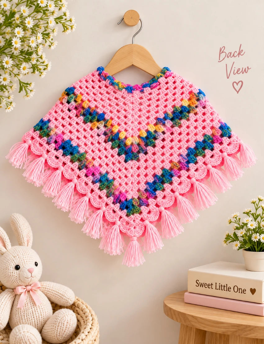 [6 Month - 1 Year] Handknitted Woolen Kids Poncho and Cap Set, Pink with Multicolor Pattern