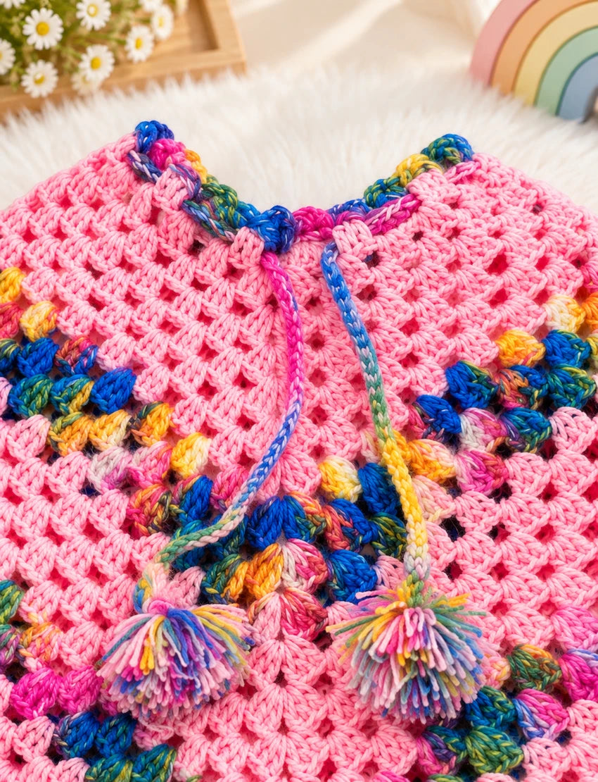 [6 Month - 1 Year] Handknitted Woolen Kids Poncho and Cap Set, Pink with Multicolor Pattern