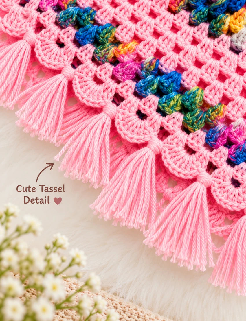 [6 Month - 1 Year] Handknitted Woolen Kids Poncho and Cap Set, Pink with Multicolor Pattern