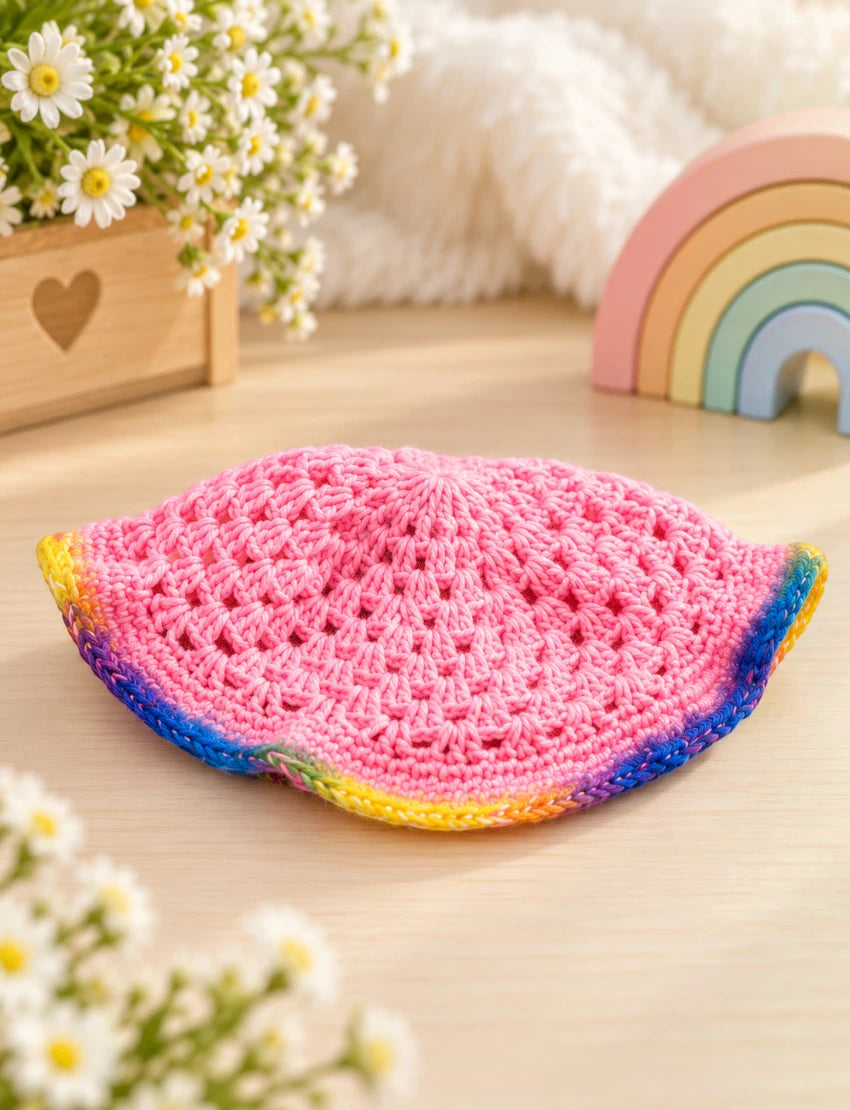 [6 Month - 1 Year] Handknitted Woolen Kids Poncho and Cap Set, Pink with Multicolor Pattern