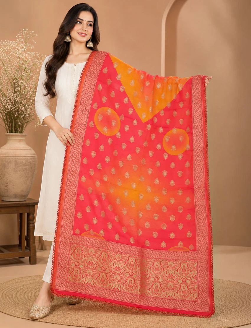 Silk Blend Dupatta, Red and Orange Ombre, Gold Zari Paisley Border