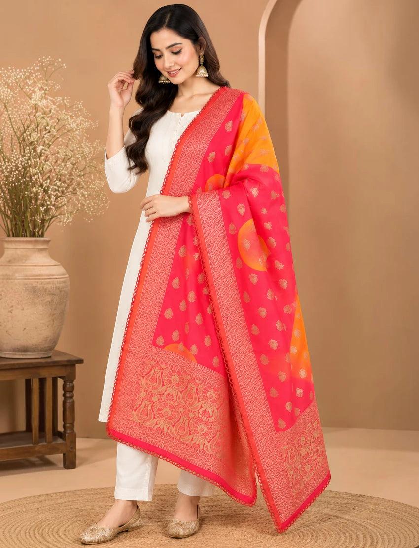 Silk Blend Dupatta, Red and Orange Ombre, Gold Zari Paisley Border