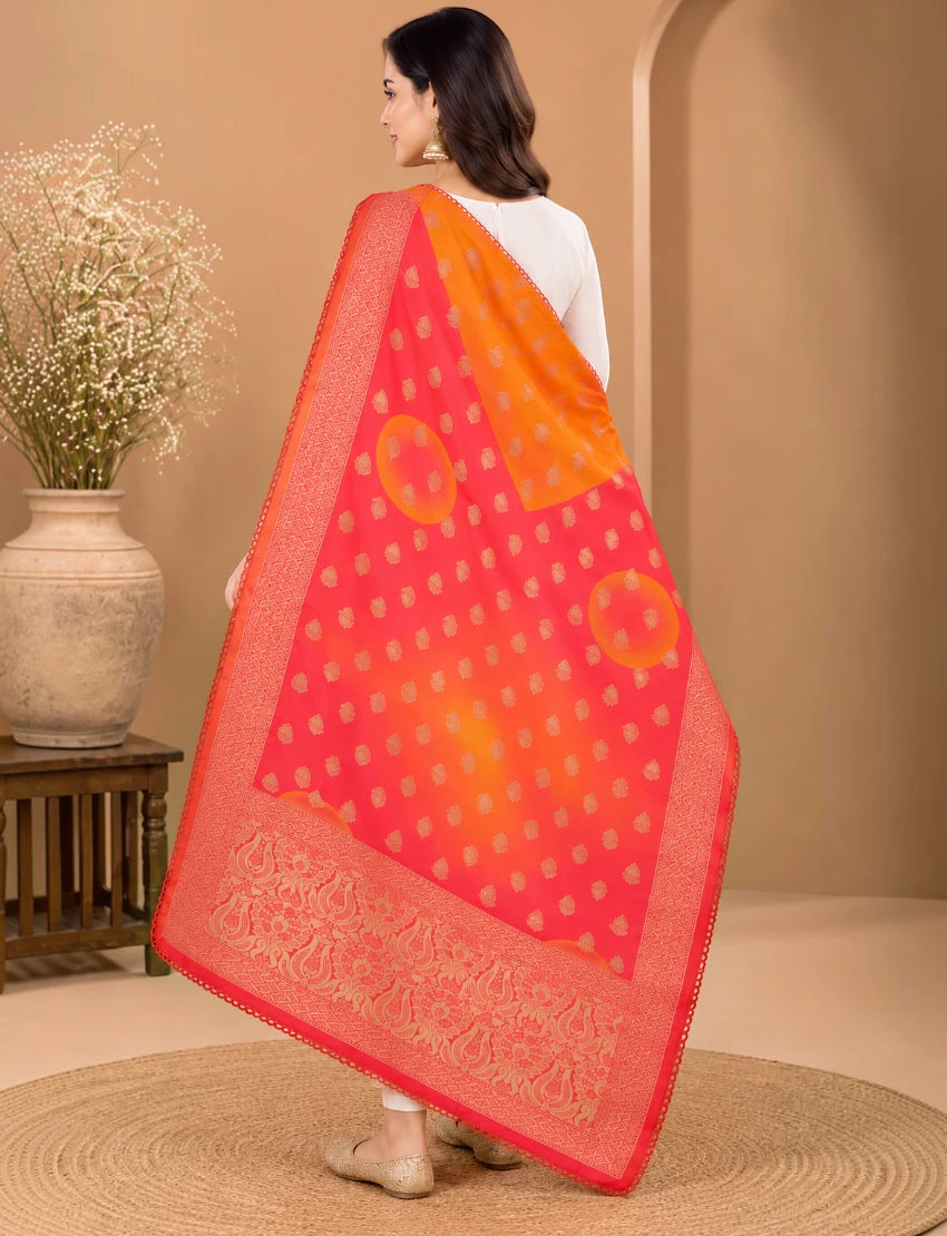 Silk Blend Dupatta, Red and Orange Ombre, Gold Zari Paisley Border