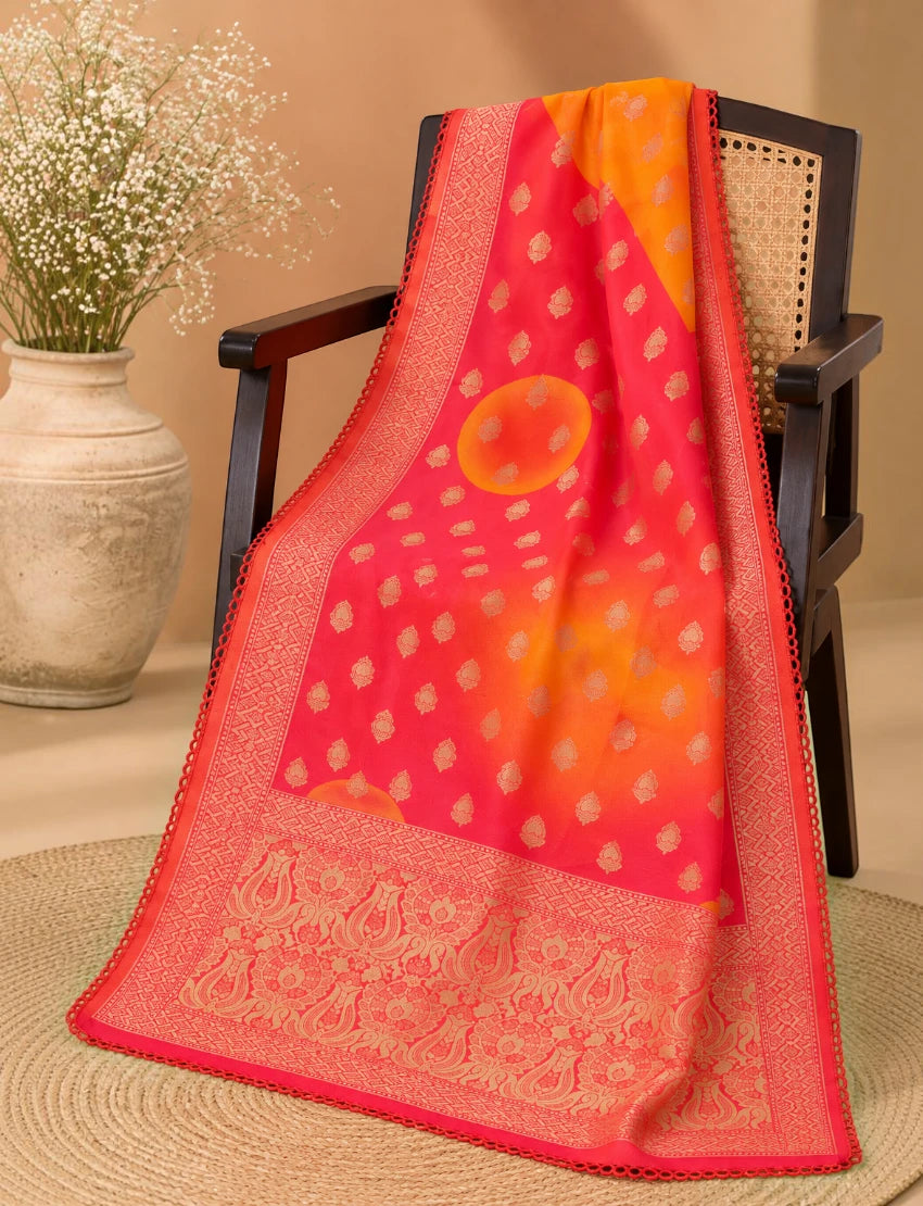 Silk Blend Dupatta, Red and Orange Ombre, Gold Zari Paisley Border