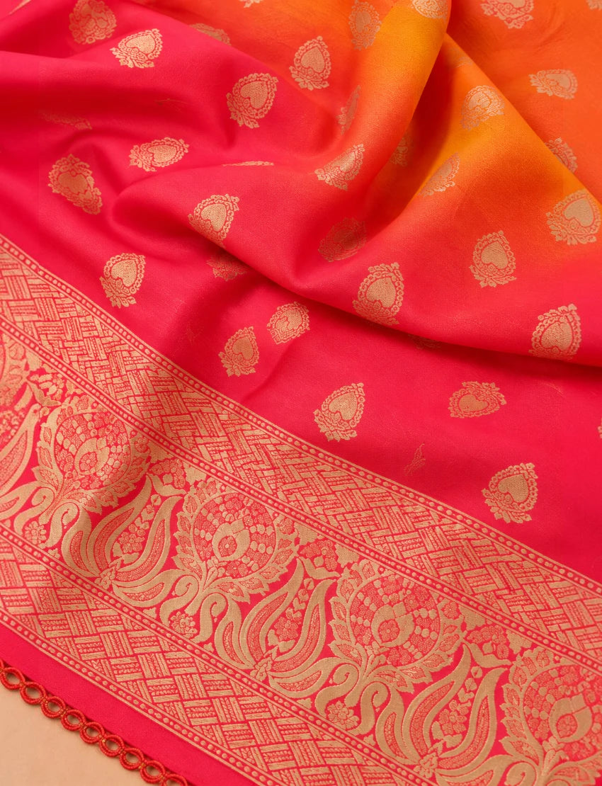 Silk Blend Dupatta, Red and Orange Ombre, Gold Zari Paisley Border