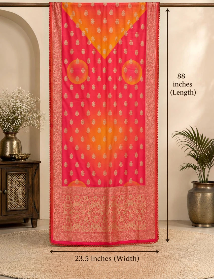 Silk Blend Dupatta, Red and Orange Ombre, Gold Zari Paisley Border