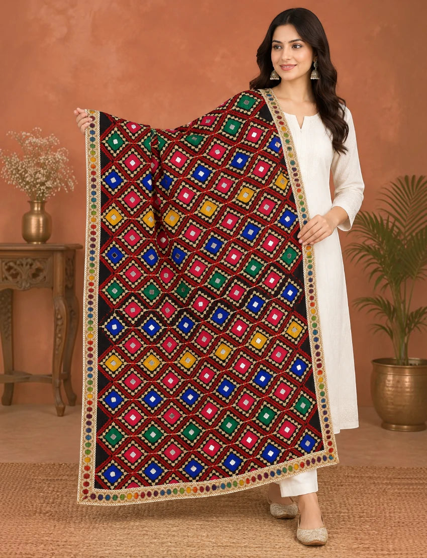 Maroon Embroidered Dupatta with Mirror Work Multicolour
