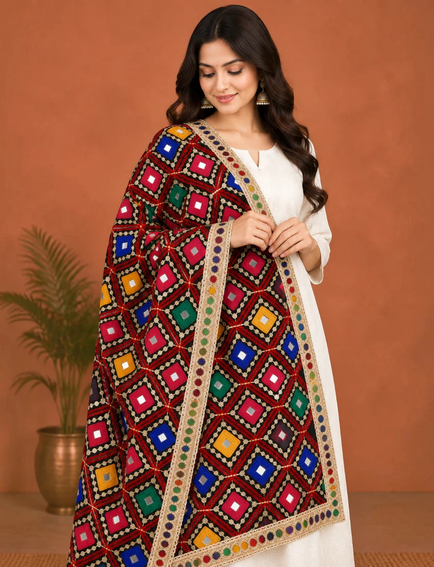 Maroon Embroidered Dupatta with Mirror Work Multicolour