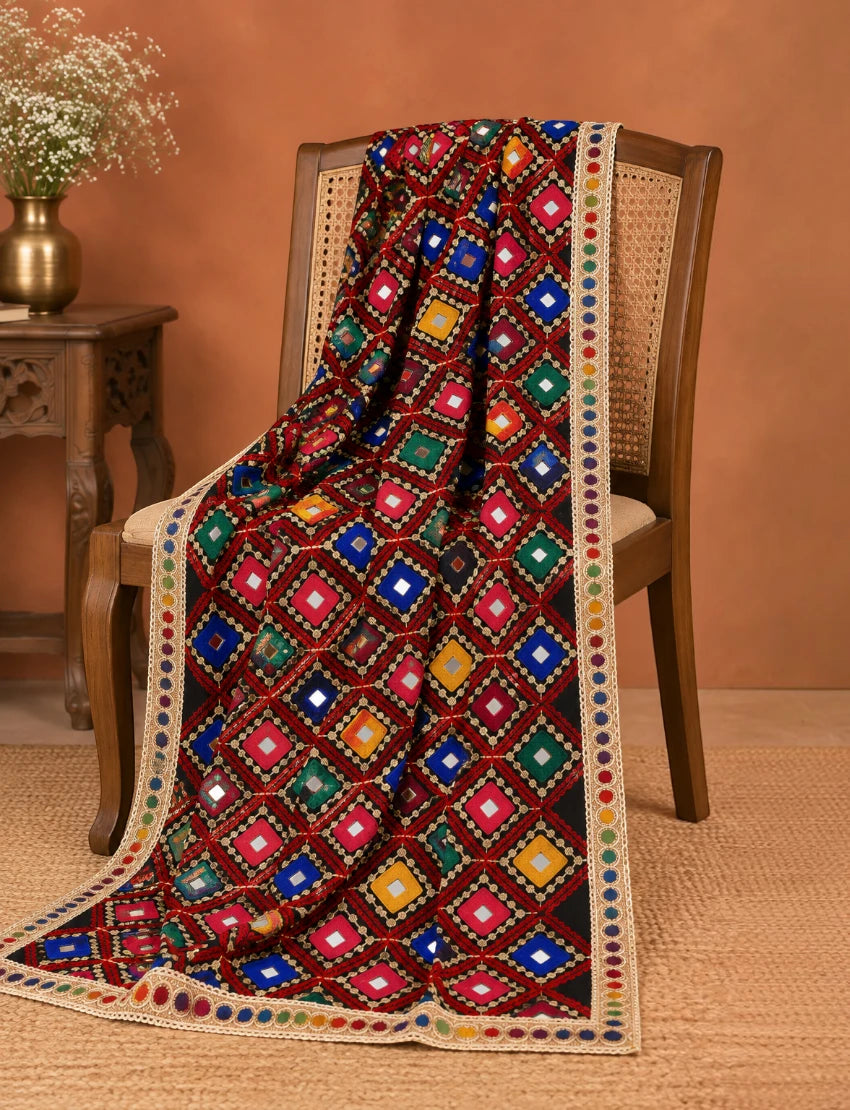 Maroon Embroidered Dupatta with Mirror Work Multicolour