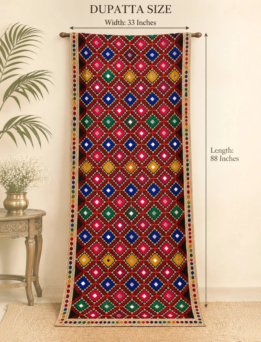 Maroon Embroidered Dupatta with Mirror Work Multicolour