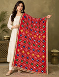 Women's Red Bandhani Style Embroidered Dupatta with Mirror Work