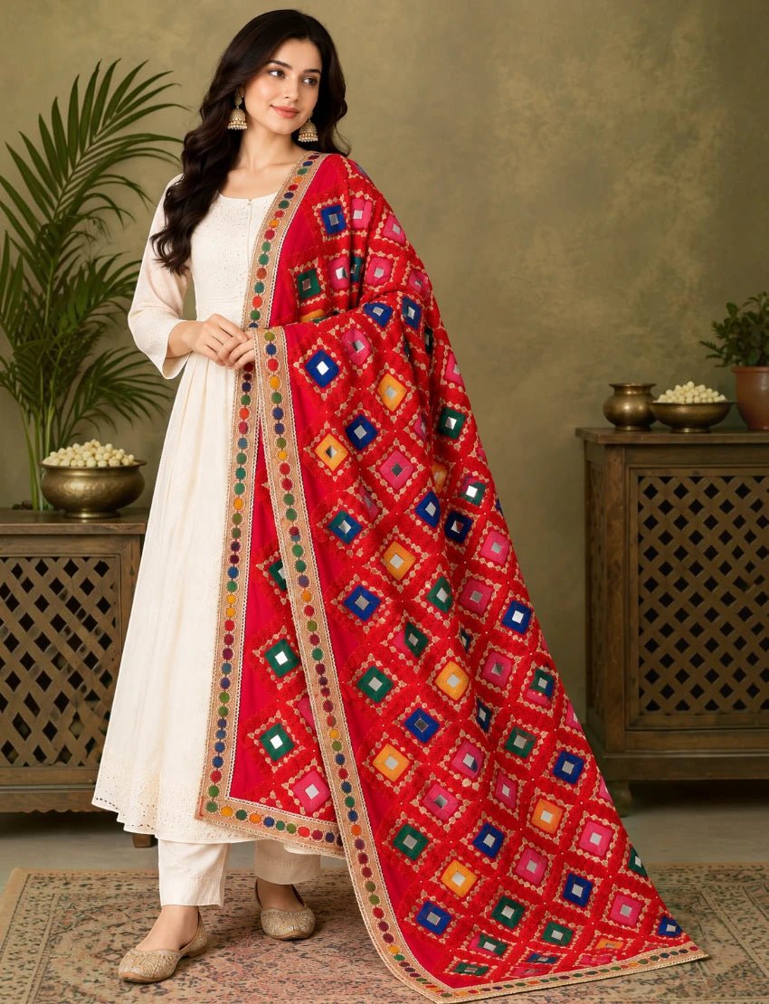 Women's Red Bandhani Style Embroidered Dupatta with Mirror Work