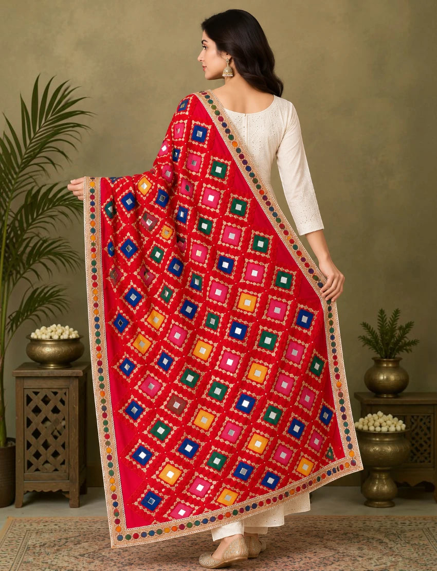Women's Red Bandhani Style Embroidered Dupatta with Mirror Work
