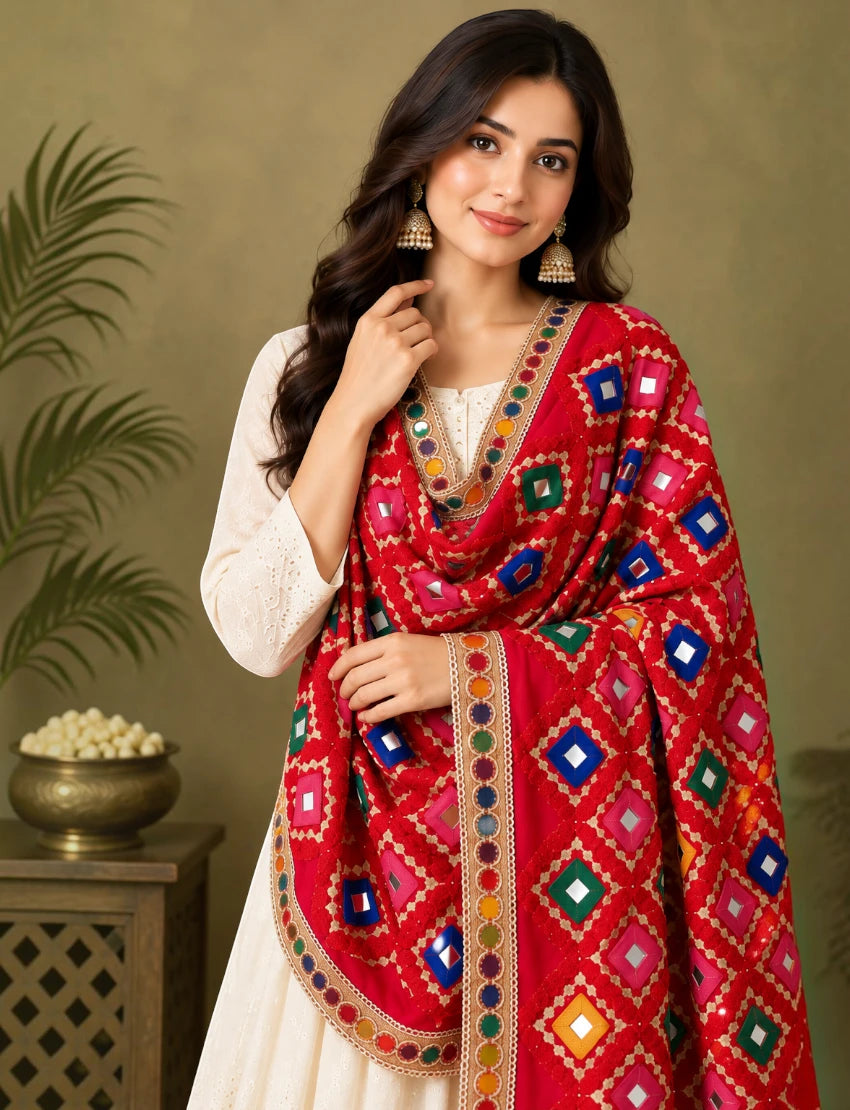 Women's Red Bandhani Style Embroidered Dupatta with Mirror Work