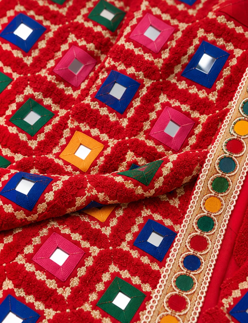 Women's Red Bandhani Style Embroidered Dupatta with Mirror Work