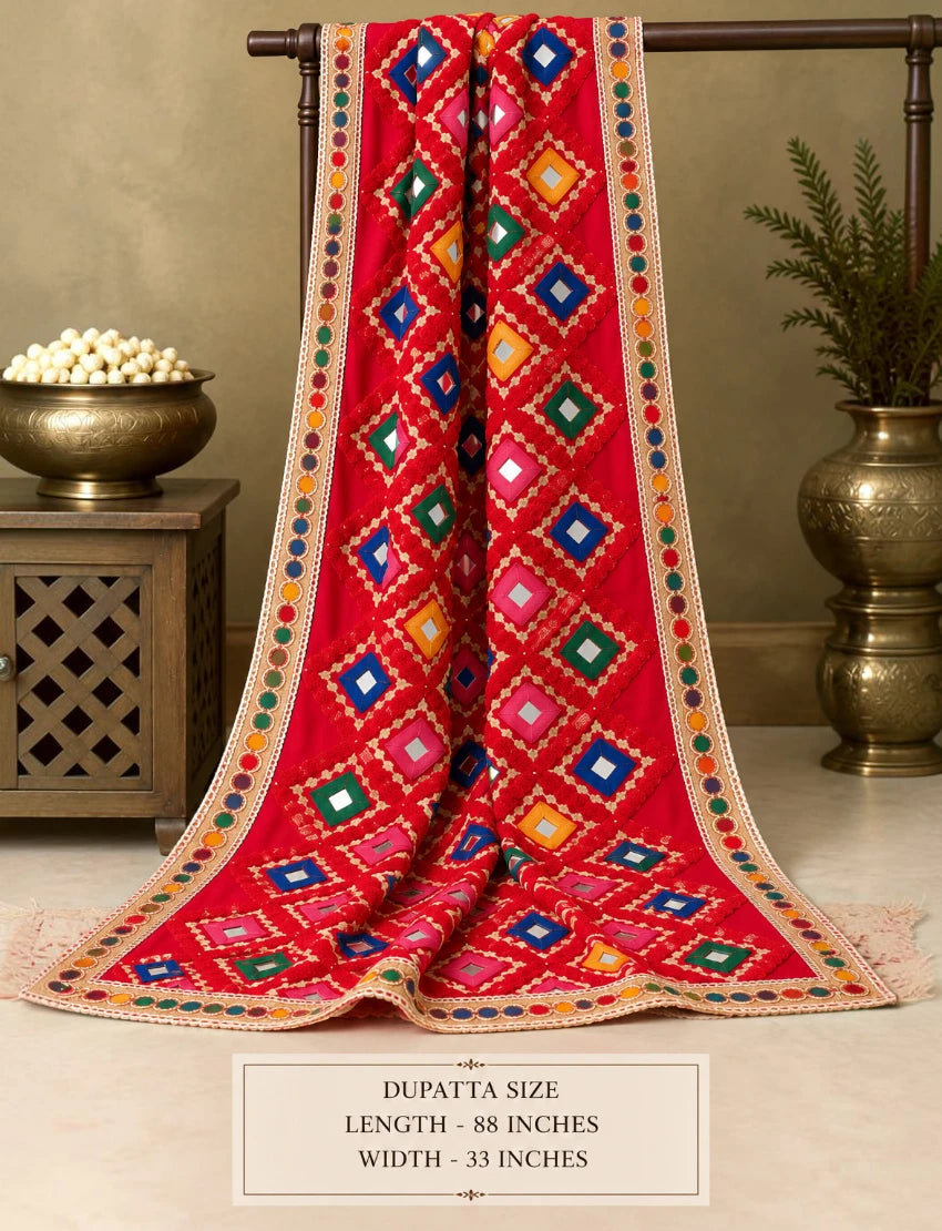 Women's Red Bandhani Style Embroidered Dupatta with Mirror Work