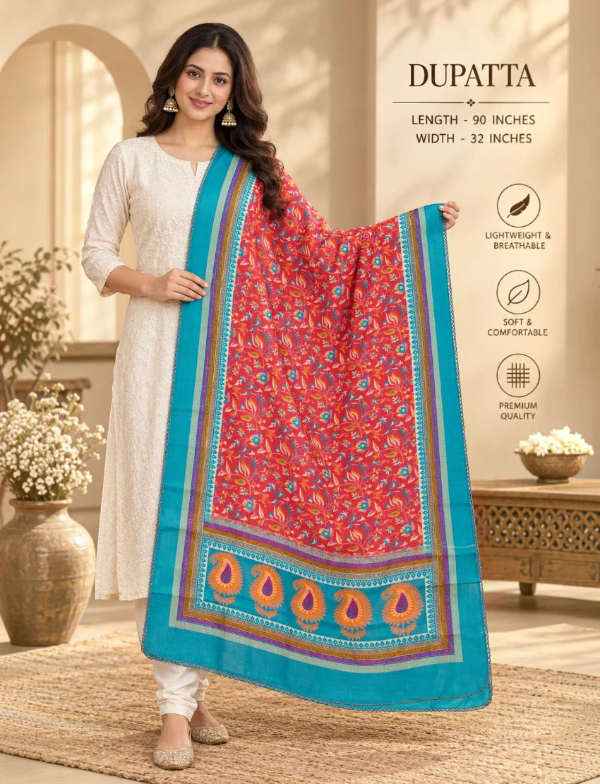 Silk Blend Dupatta Red Floral Print with Teal Border
