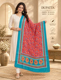 Silk Blend Dupatta Red Floral Print with Teal Border