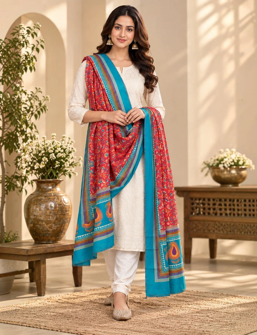Silk Blend Dupatta Red Floral Print with Teal Border