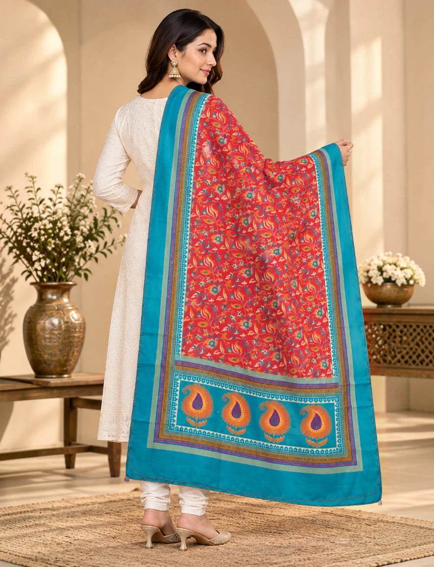 Silk Blend Dupatta Red Floral Print with Teal Border