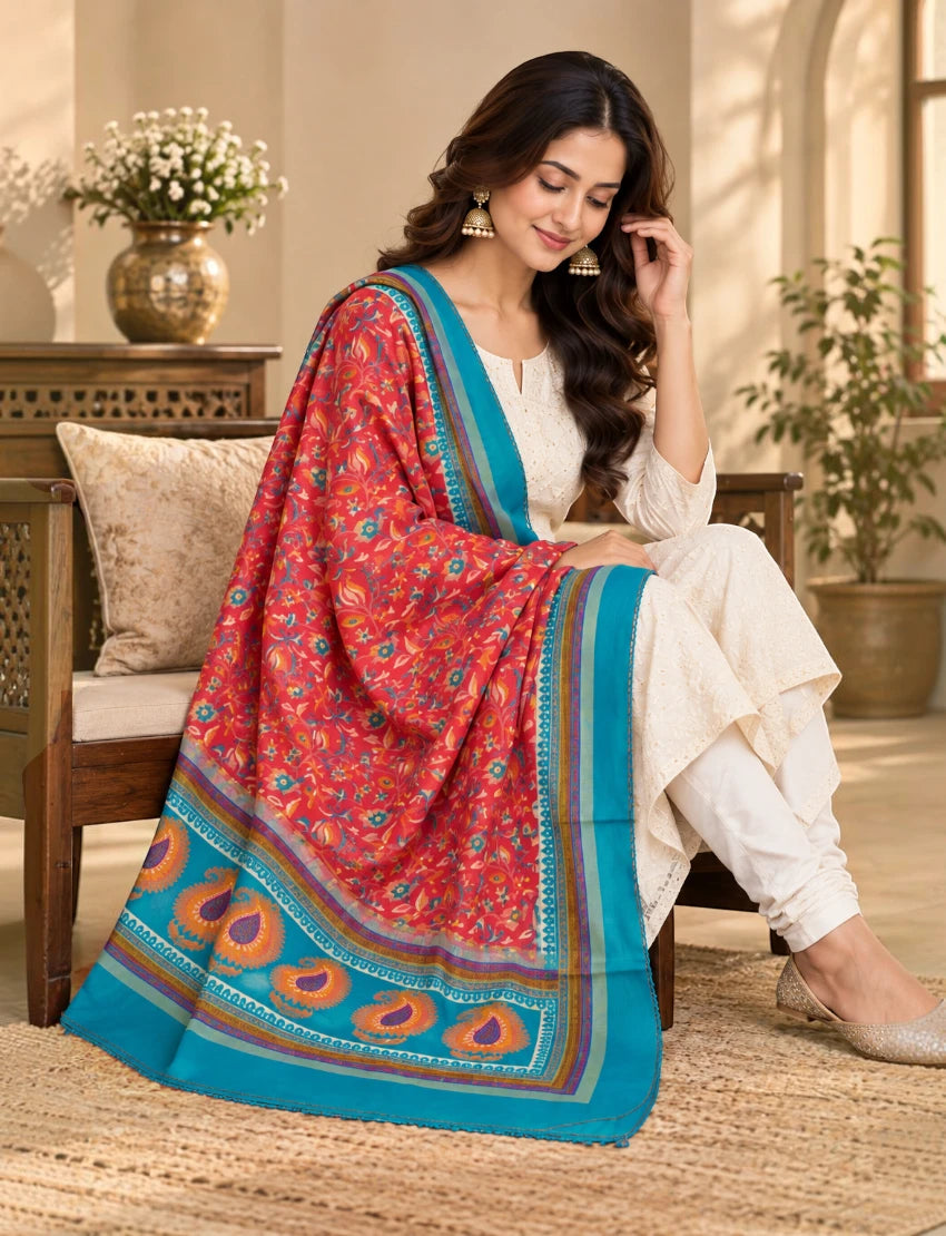 Silk Blend Dupatta Red Floral Print with Teal Border