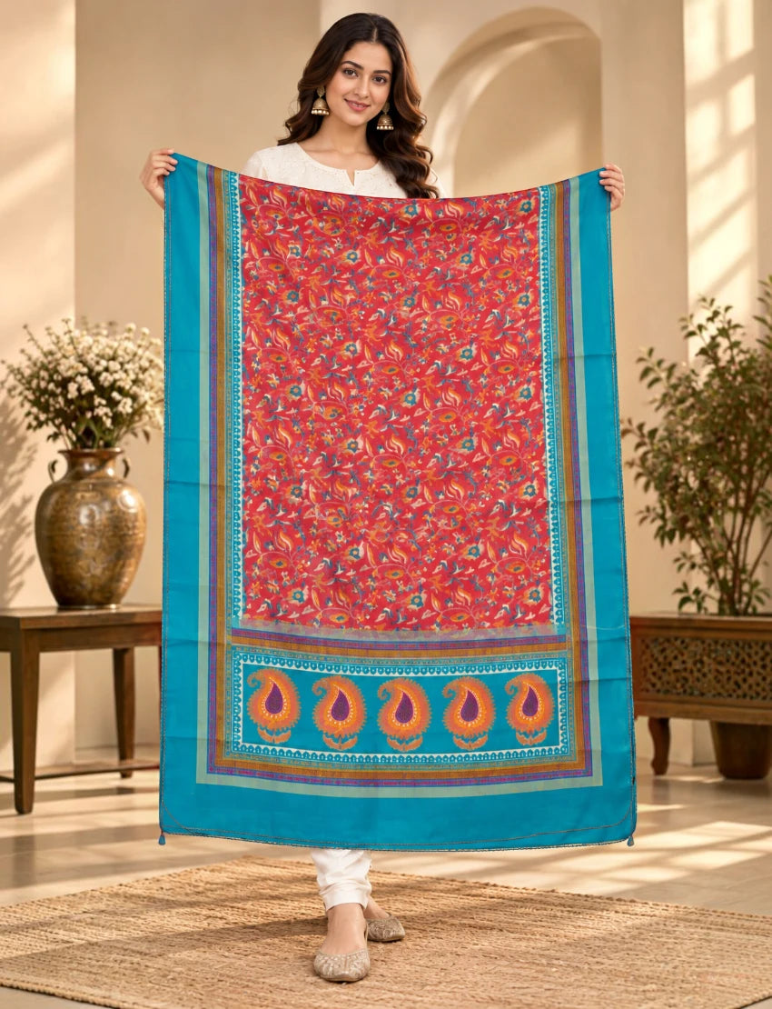 Silk Blend Dupatta Red Floral Print with Teal Border
