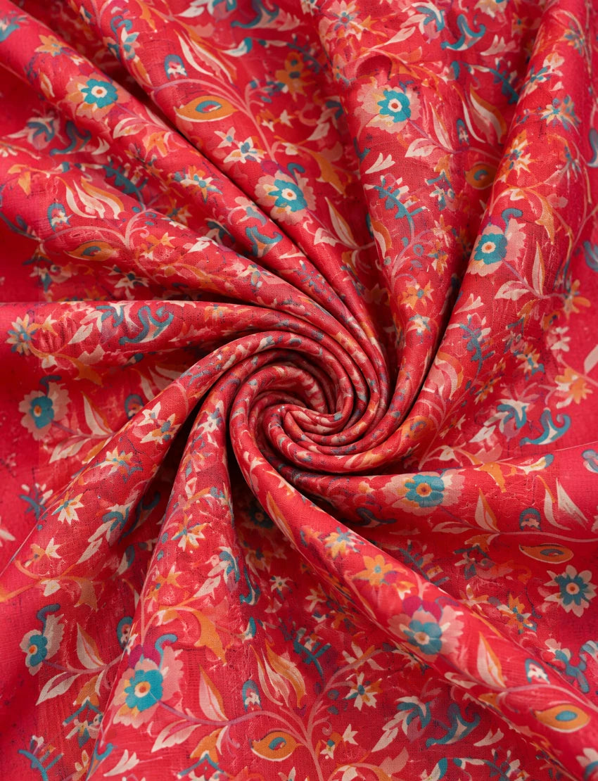 Silk Blend Dupatta Red Floral Print with Teal Border
