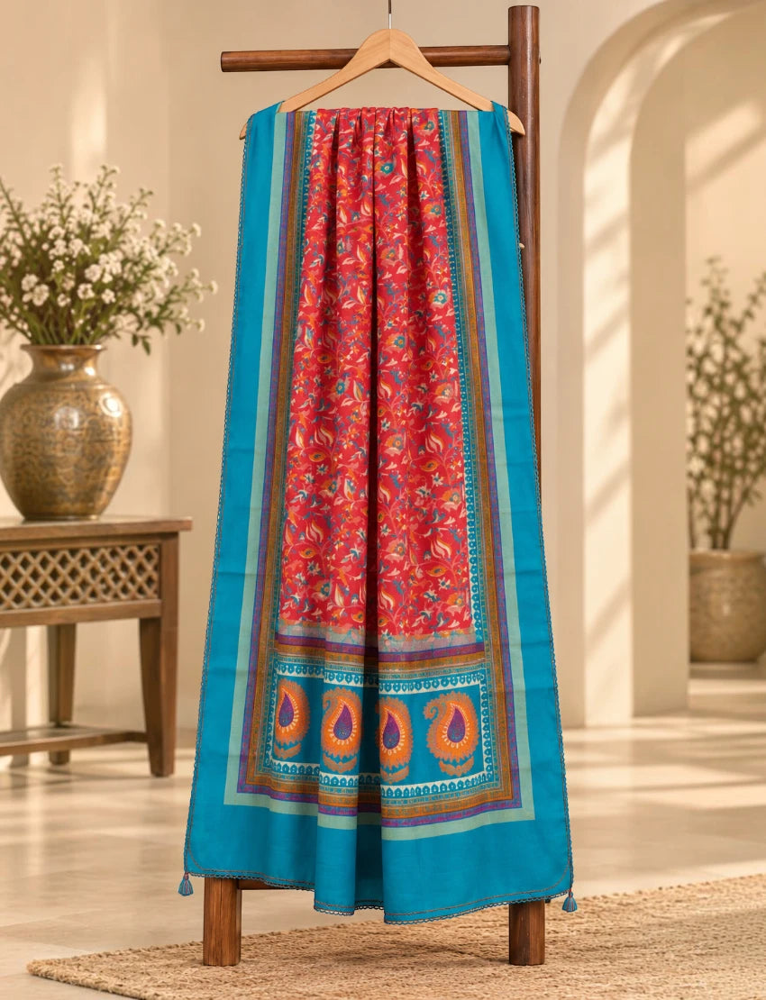 Silk Blend Dupatta Red Floral Print with Teal Border