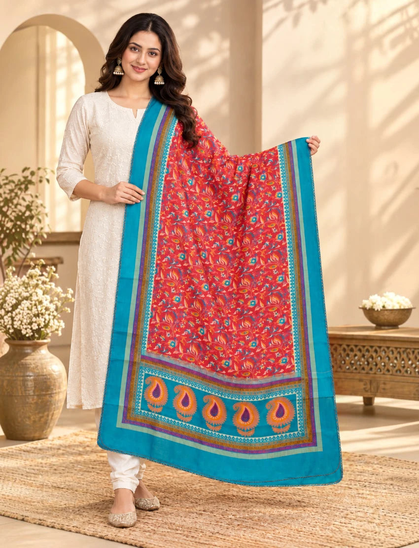 Silk Blend Dupatta Red Floral Print with Teal Border