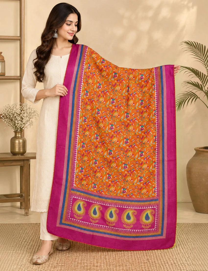 Silk Blend Stole Dupatta, Orange and Pink