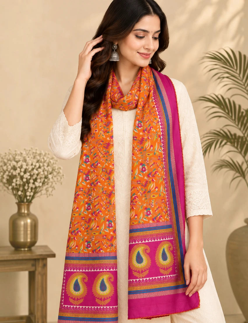 Silk Blend Stole Dupatta, Orange and Pink