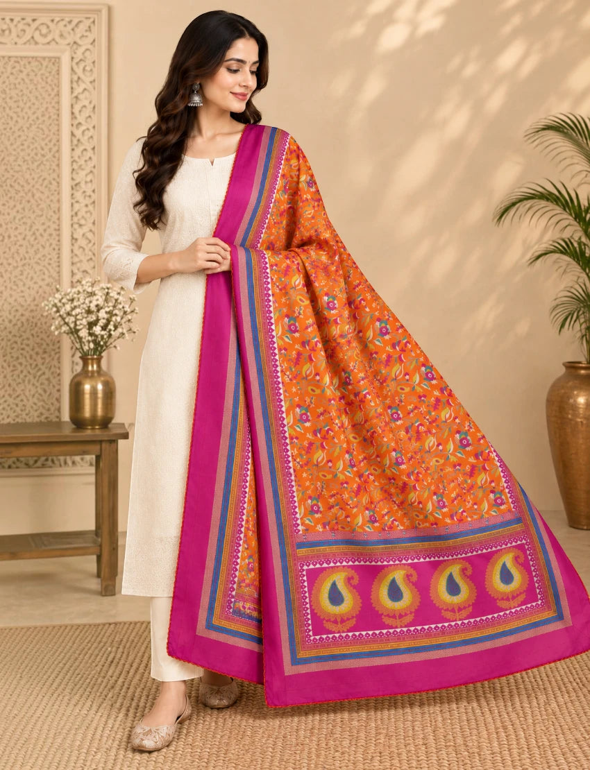Silk Blend Stole Dupatta, Orange and Pink