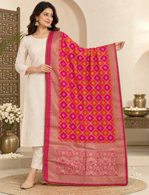 Banarasi Silk Blend Dupatta, Pink and Orange