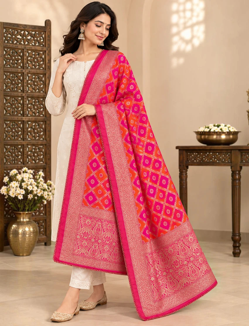 Banarasi Silk Blend Dupatta, Pink and Orange