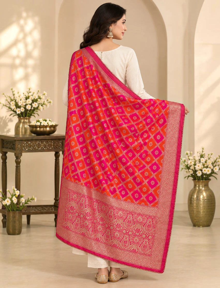 Banarasi Silk Blend Dupatta, Pink and Orange