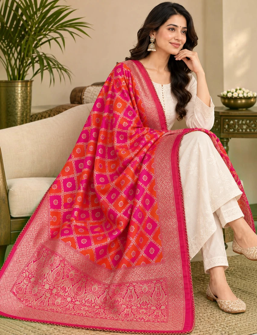 Banarasi Silk Blend Dupatta, Pink and Orange