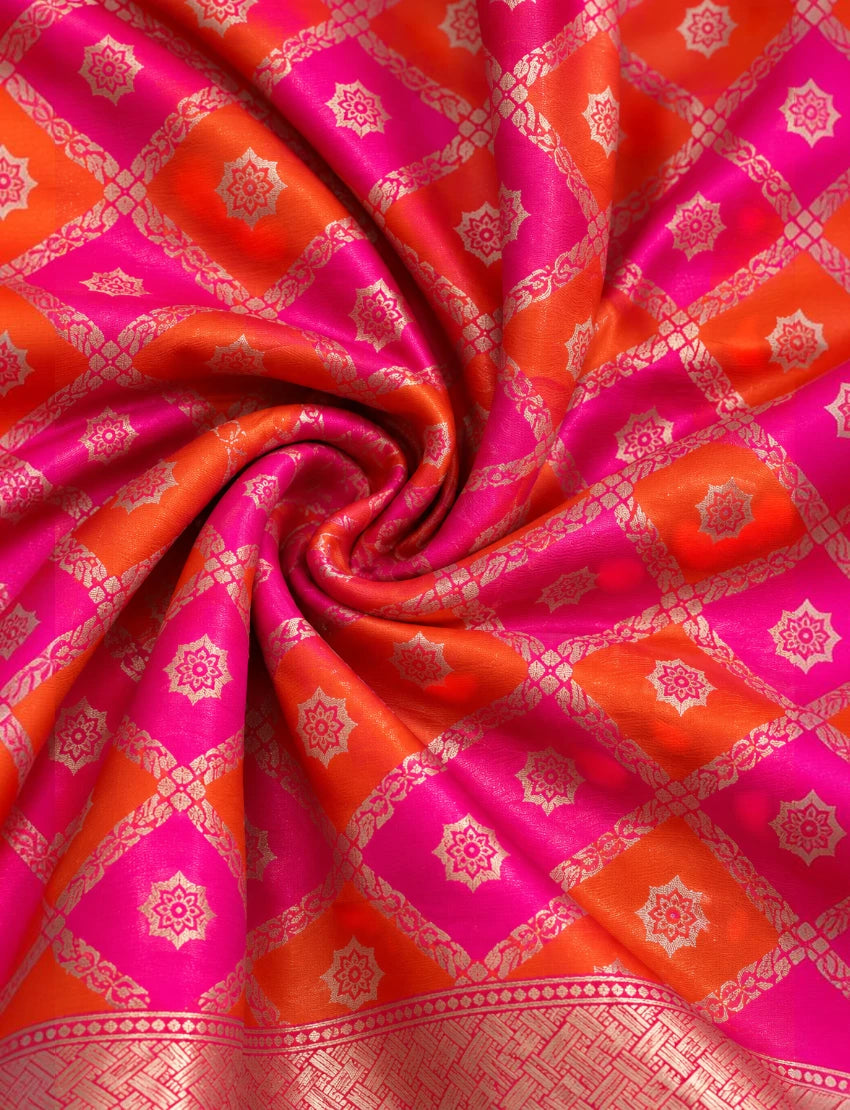 Banarasi Silk Blend Dupatta, Pink and Orange
