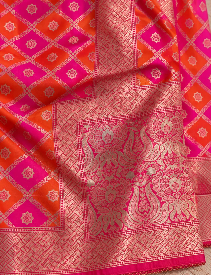 Banarasi Silk Blend Dupatta, Pink and Orange