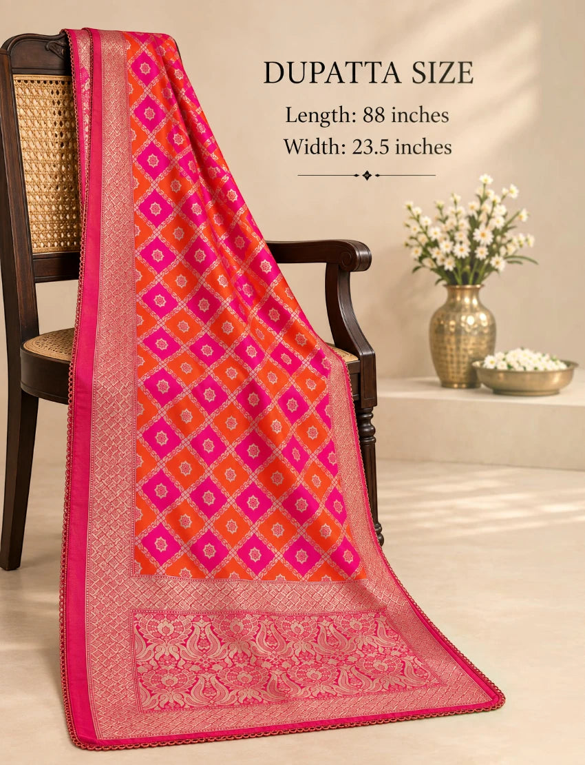 Banarasi Silk Blend Dupatta, Pink and Orange